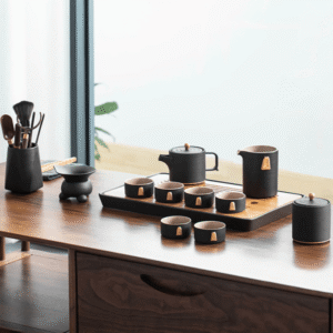 Pure Black Chinese Kung Fu Tea Set with Tray