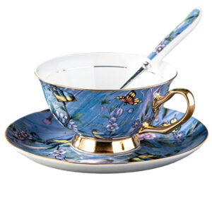Bird Tea Cup and Saucer Set Bone China Blue