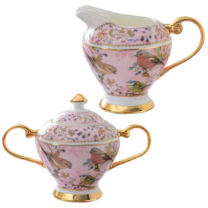 Pink Bird Sugar and Creamer Set Bone China
