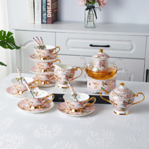 Pink Bird British Tea Set Bone China with Warmer