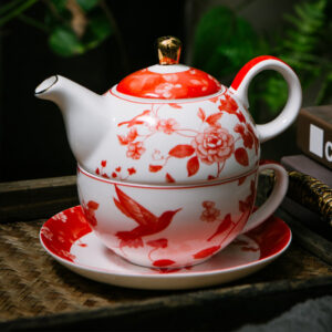 Peony Tea for One Set Porcelain Teapot Set Red